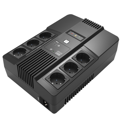 Enfaset Line Interactive UPS - Effekt 800VA/480W - Indgang 220~240VAC / Udgang 230 VAC - 6 beskyttede udgange (3 UPS, 3 Bypass) - Opladningstid 6~8 t - Forseglet bly-syre batteri (medfølger)