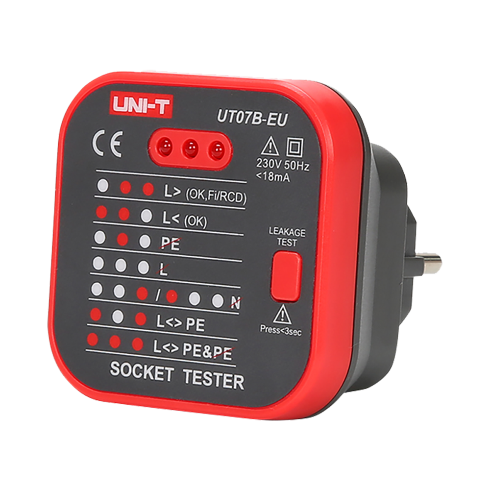 Stikkontakt tester EU - Verifikation af ledningsføringsfejl - Test for mulige lækager - Nem at bruge - Muliggør hurtig test