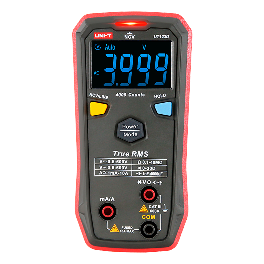 Lomme digital multimeter - DC og AC spændingsmåling op til 600V - DC og AC strømmåling op til 10A - Modstands- og kapacitetsmåling - True RMS | NCV funktion - Summer til kontinuitetstest