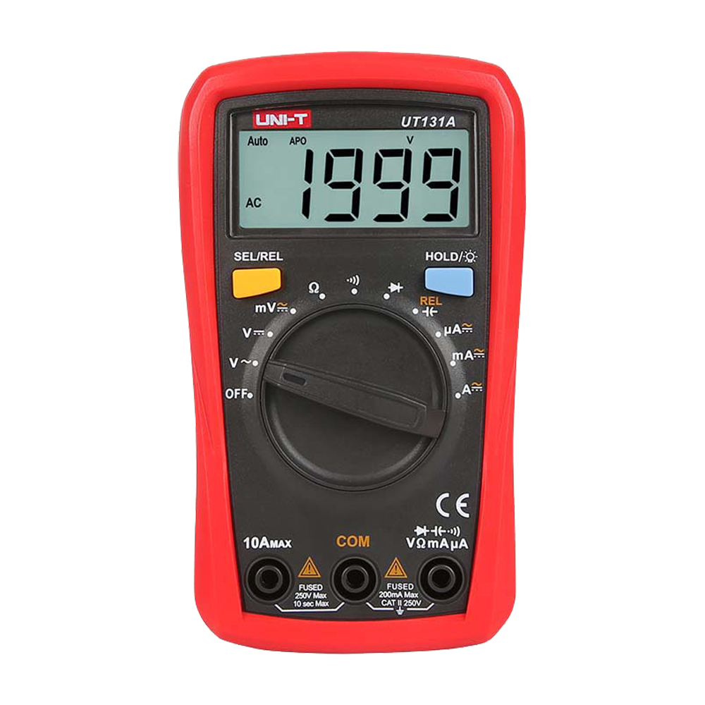 LCD håndholdt digital multimeter - DC og AC spændingsmåling op til 250V - DC og AC strømmåling op til 10A - Auto måleområde - Modstands- og kapacitetsmåling - Summer til kontinuitetstest