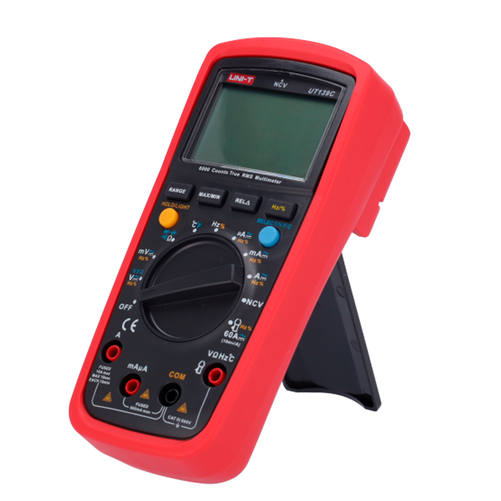 Digital multimeter med True RMS funktion - DC og AC spændingsmåling op til 600V - DC og AC strømmåling op til 10A - Modstands-, kapacitans- og frekvensmåling - Temperaturmåling - Summer til kontinuitetstest