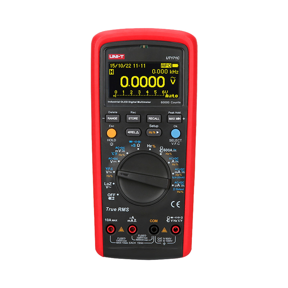 OLED digitalt multimeter - PC forbindelse til dataoverførsel - AC/DC måling: op til 1000V og 10A - Modstand, kapacitans og frekvensmåling - Temperaturmåling mellem -40°C~1000°C - True RMS | Summer kontinuitet | Diodetest