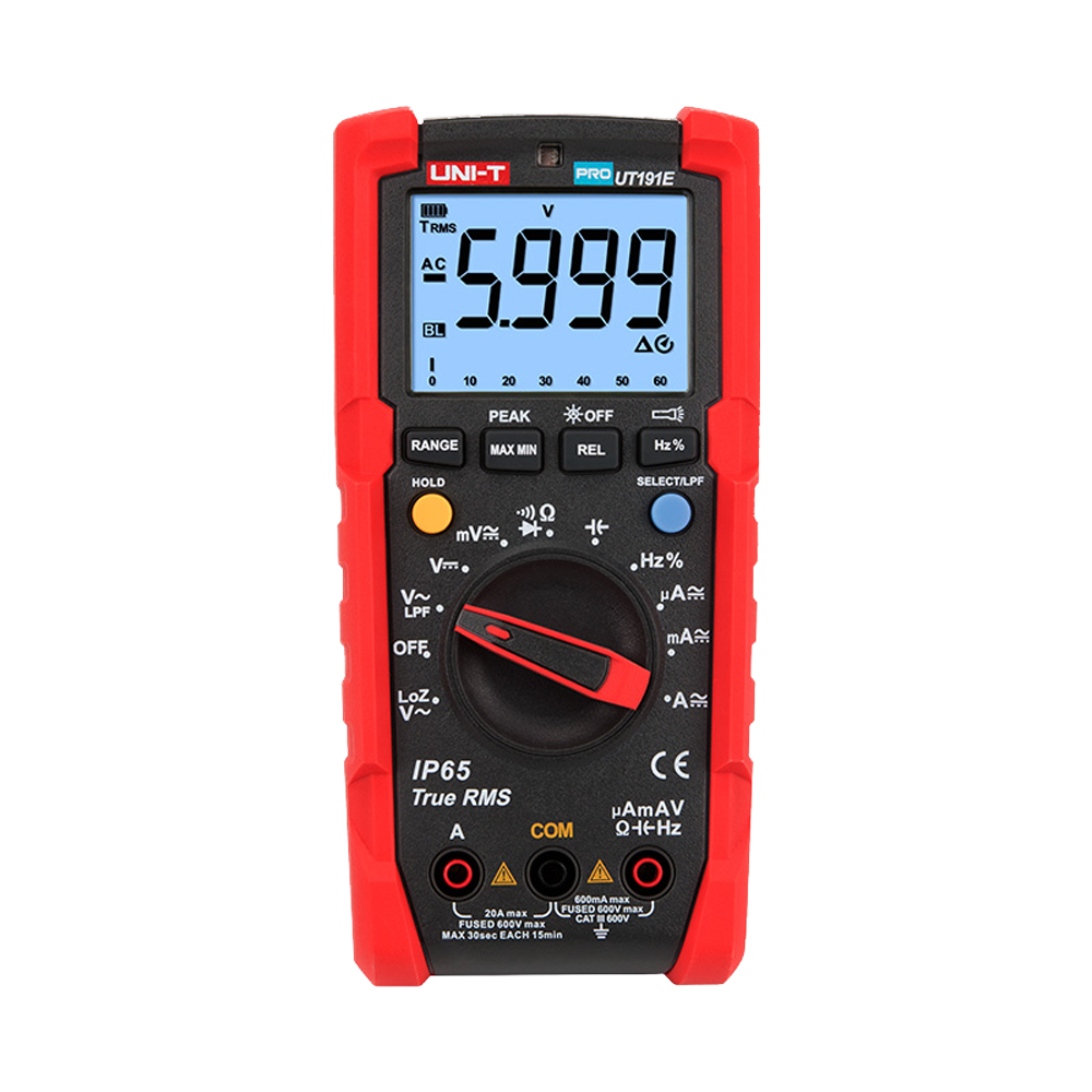 Industrielt True RMS digitalt multimeter - IP65 og 2 m faldtestet - DC og AC måling op til 600V / 20 A - Integreret lommelygte - Modstand/kapacitans/frekvens/temperatur - Summer til kontinuitetstest