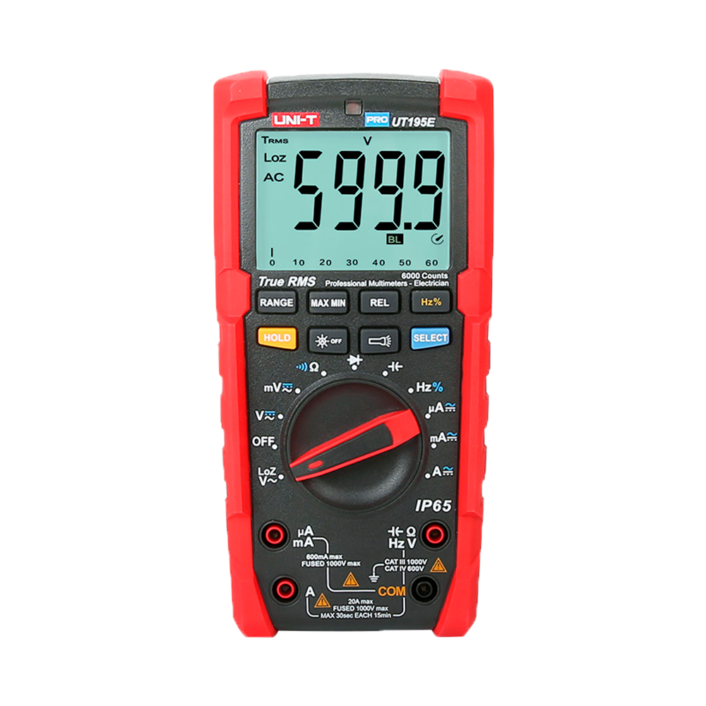 True RMS industrielt digitalt multimeter - IP65 og 2 m faldtestet - DC og AC måling op til 1000V / 20A - Integreret lommelygte - Modstand, kapacitans og frekvensmåling - Summer til kontinuitetstest