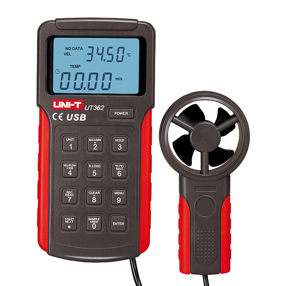 Split type anemometer - Højpræcisions vindhastigheds sensor - Temperatursensor - Automatisk slukning | Hukommelse - PC forbindelse via USB - Bagbelyst LCD display