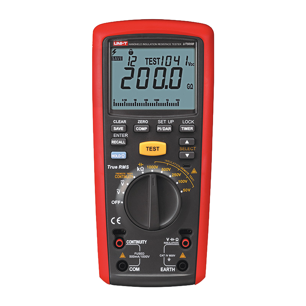 Isolationsmodstandsmåler - AC og DC spændingsmultimeter op til 600V - Områder 50/100/250V/500V/1000V - Måler modstand, kapacitans og frekvens - Automatisk slukning - Temperaturmåling
