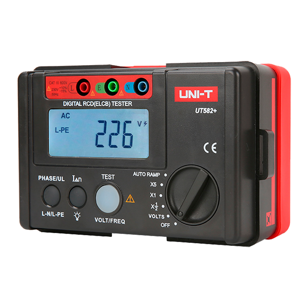Differentialudløsningstidstester - LCD display op til 1000 tællinger - Kompatibel med enfasede kredsløb 195V~253V - AC spændingsmåling op til 600V - Fasevælger 0º og 180º - Automatisk slukning