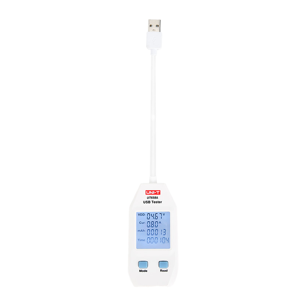 UNI-T strøm og spændingsmåler - Enkel USB Type A forbindelse - Gør det muligt at kende spænding og strøm på den strømforsynede enhed - Indgangsspænding 4~24V DC - Maksimal strøm 3A - LCD display