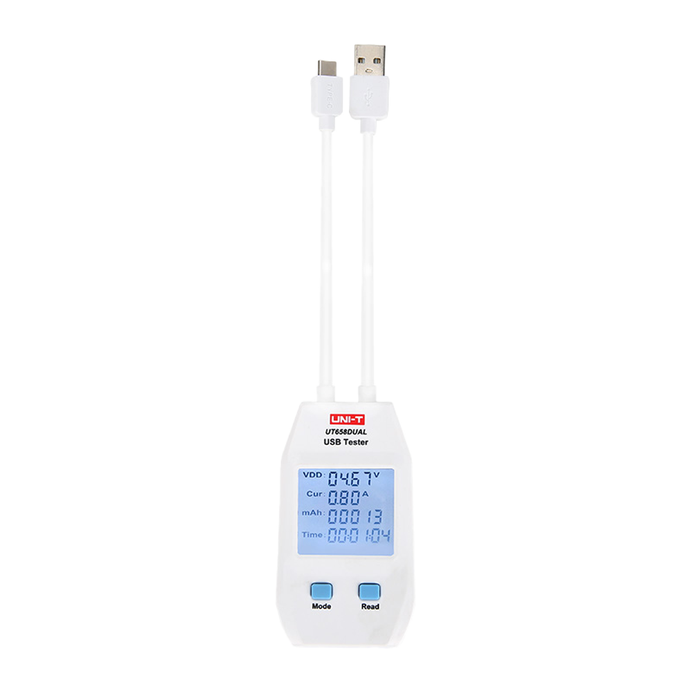 UNI-T Dual strøm og spændingsmåler - Enkel USB Type A og Type C forbindelse - Gør det muligt at kende spænding og strøm på den strømforsynede enhed - Indgangsspænding 4~24V DC - Maksimal strøm 5A - LCD display