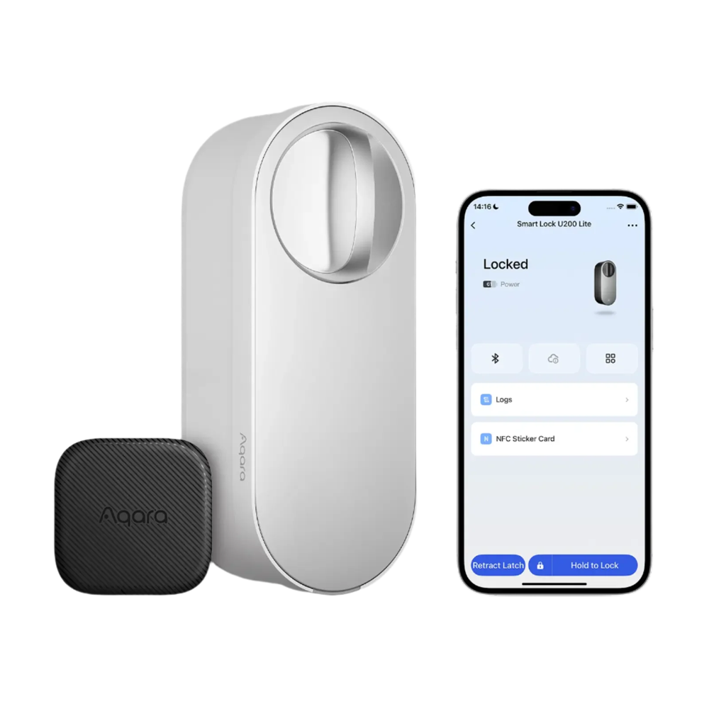 Aqara Smart Lock U200 Lite hvid - Matter over Thread / Bluetooth & NFC - Kræver AQARA HUB M3 / Border Router - NFC (DOT) mærkat / Fjernstyret åbning - Genopladeligt batteri - Understøtter Apple HomeKit, Google, Alexa