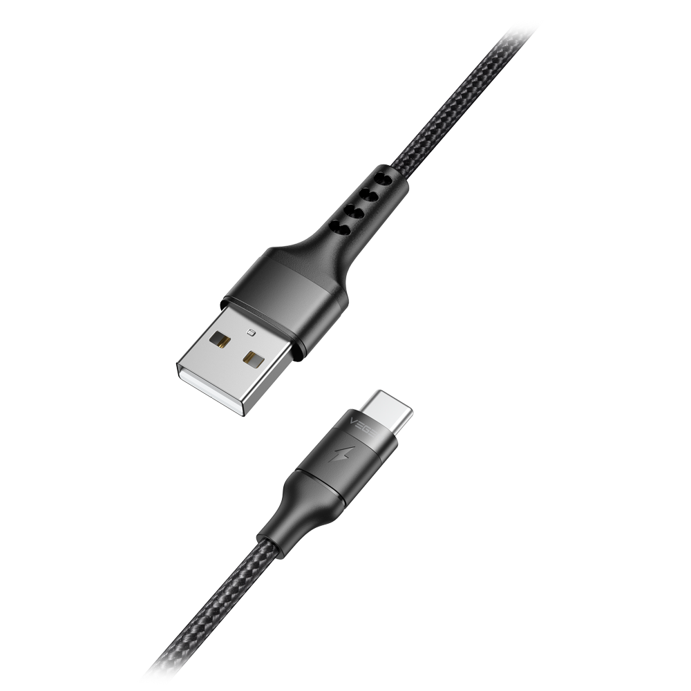 Veger - USB 2.0 kabel til laptops - USB-A til USB-C - Metalkappe, flettet Nylon - Længde 1,2m - Hurtigladning | Sort