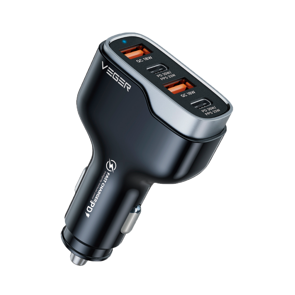 VEGER - Biloplader - Effekt 66W - 30W hurtigopladning - 2x USB-C, 2x USB-A udgange - Sort farve