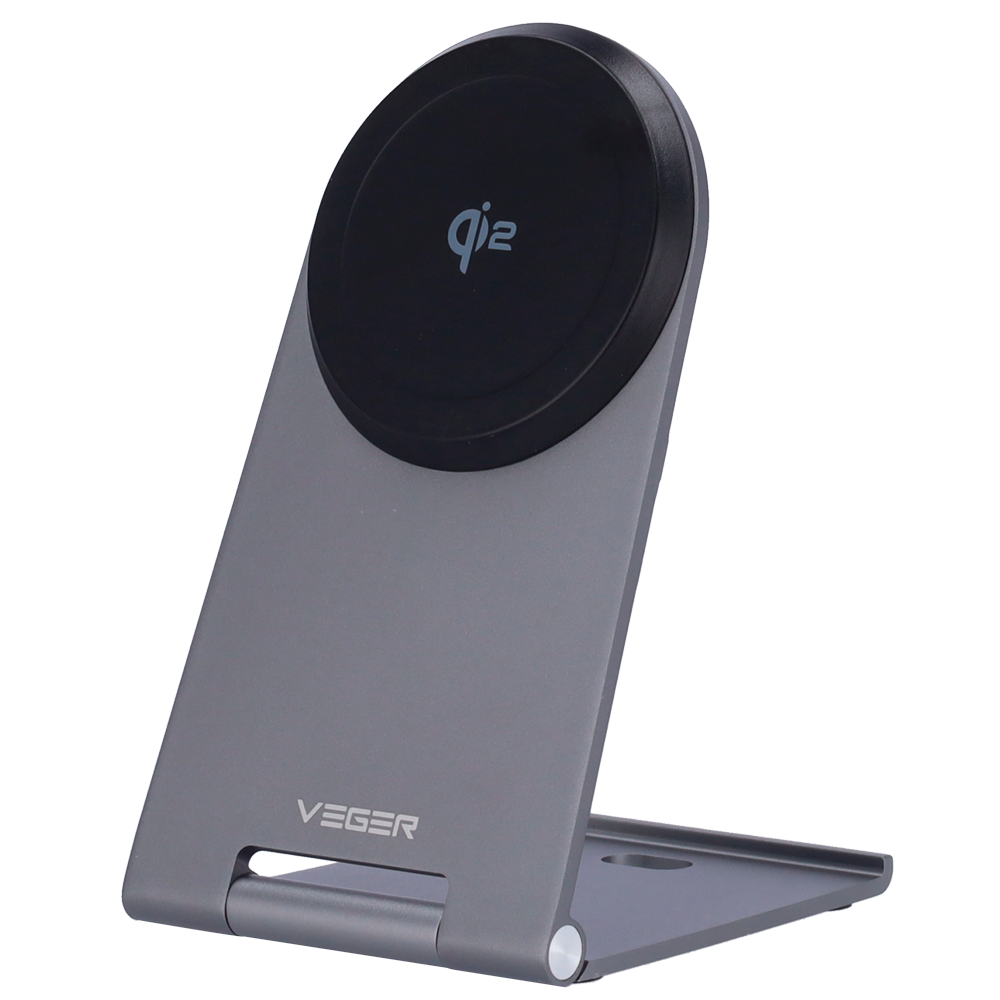 VEGER trådløs oplader - Effekt 15W - USB-C indgang - Hurtigopladning - Trådløst output - MagSafe - Med foldbar holder : Sølv farve
