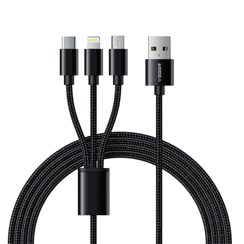 Veger - USB kabel 3 i 1 - USB-A til USB-C, Lightning og Micro-USB - Metal kappe, flettet Nylon - Længde 1,5m - Sort farve