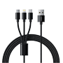 Veger - USB kabel 3 i 1 - USB-A til USB-C, Lightning og Micro-USB - Metal kappe, flettet Nylon - Længde 1,5m - Sort farve