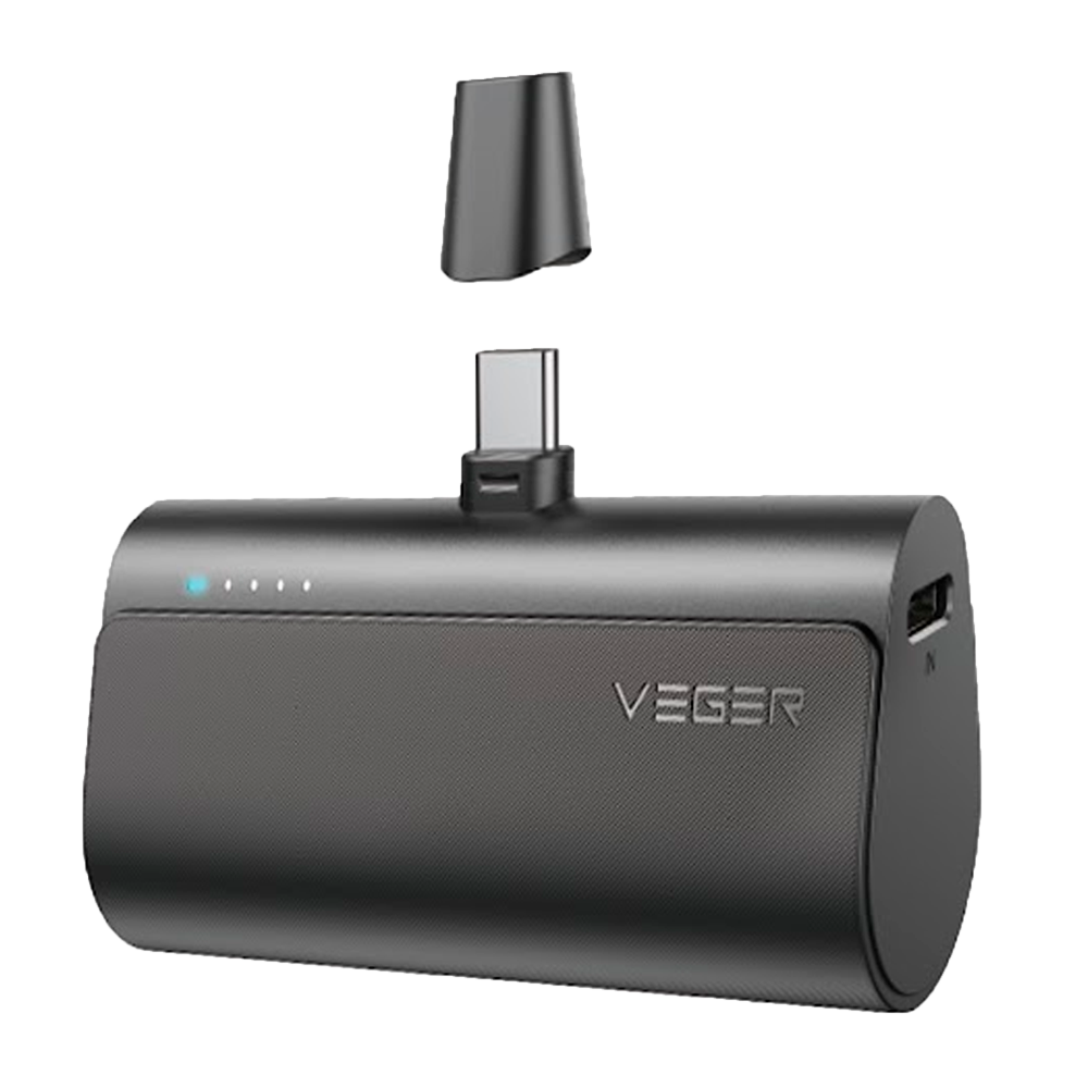VEGER Mini Powerbank med LED til opladning - Kapacitet 5000mAh - USB-C input, USB-C stik - Output USB-C stik - Oplad 1 enhed - PD20W Hurtigopladning