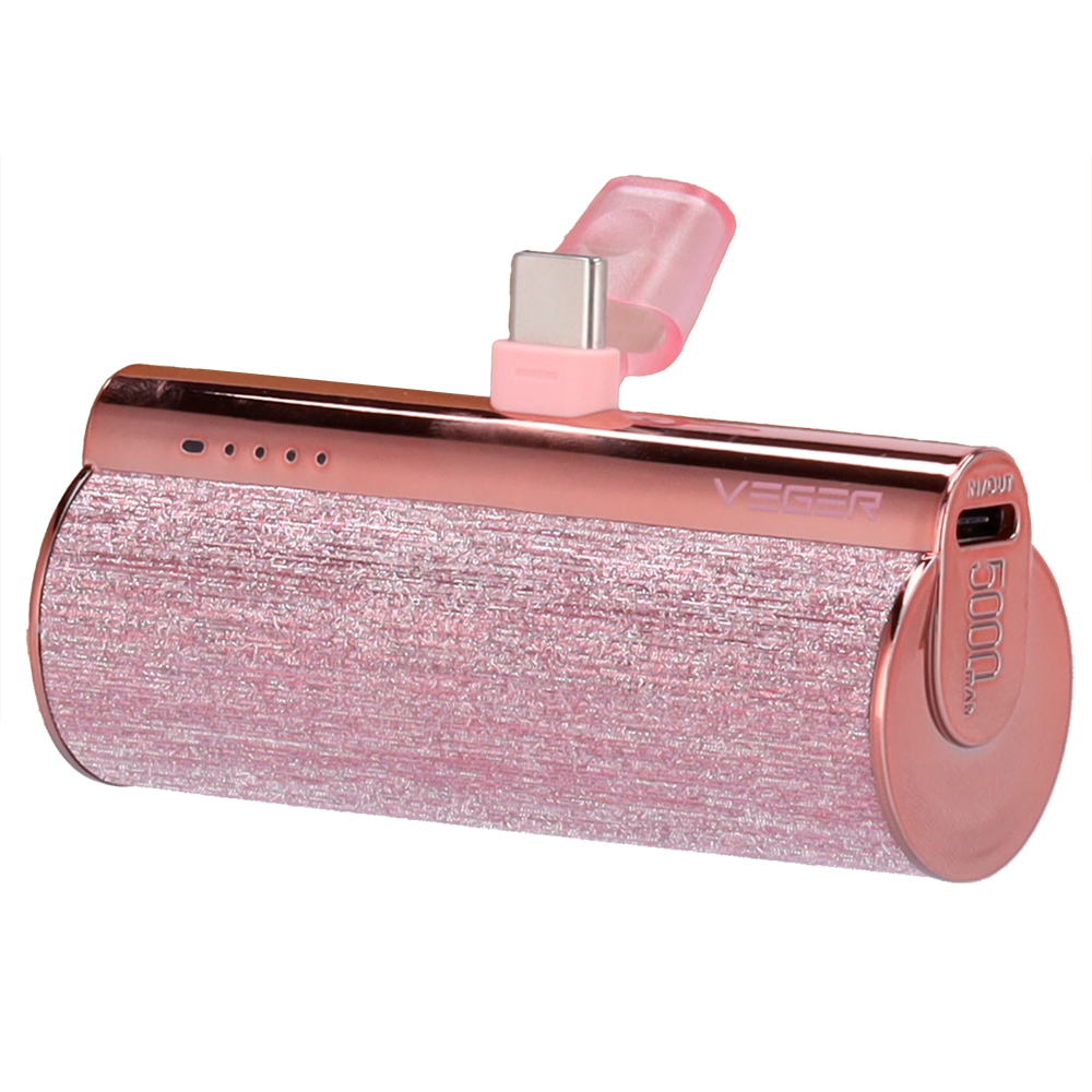 VEGER Mini Powerbank med LEDs til opladning - Kapacitet 5000mAh - USB-C port indgang - USB-C port udgang, USB-C stik - Oplad 1 enhed - Metallic pink