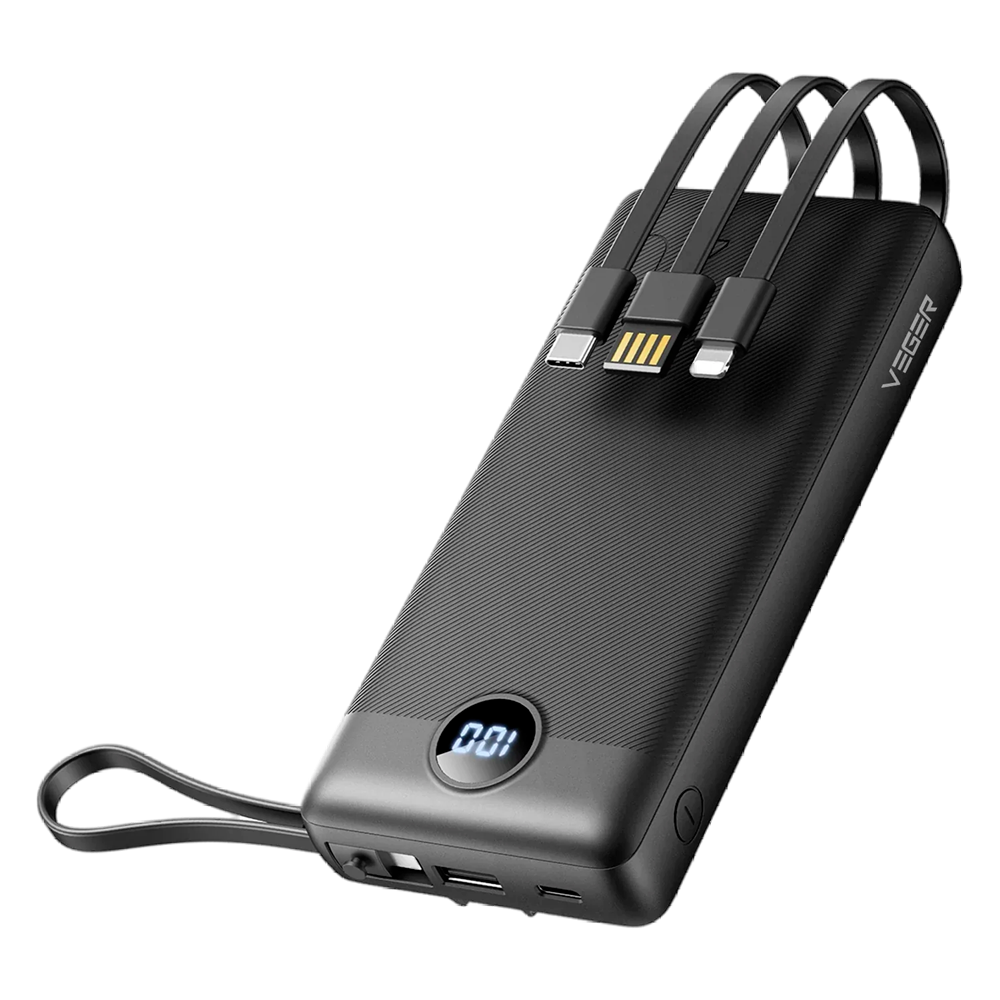 Veger Powerbank - Kapacitet 20000mAh - USB-C indgange og USB-A kabel - USB-A udgange og kabler inkluderet - Kabler inkluderet: USB-C, Micro USB-C og 8pin - Sort farve | 3 enheder samtidig