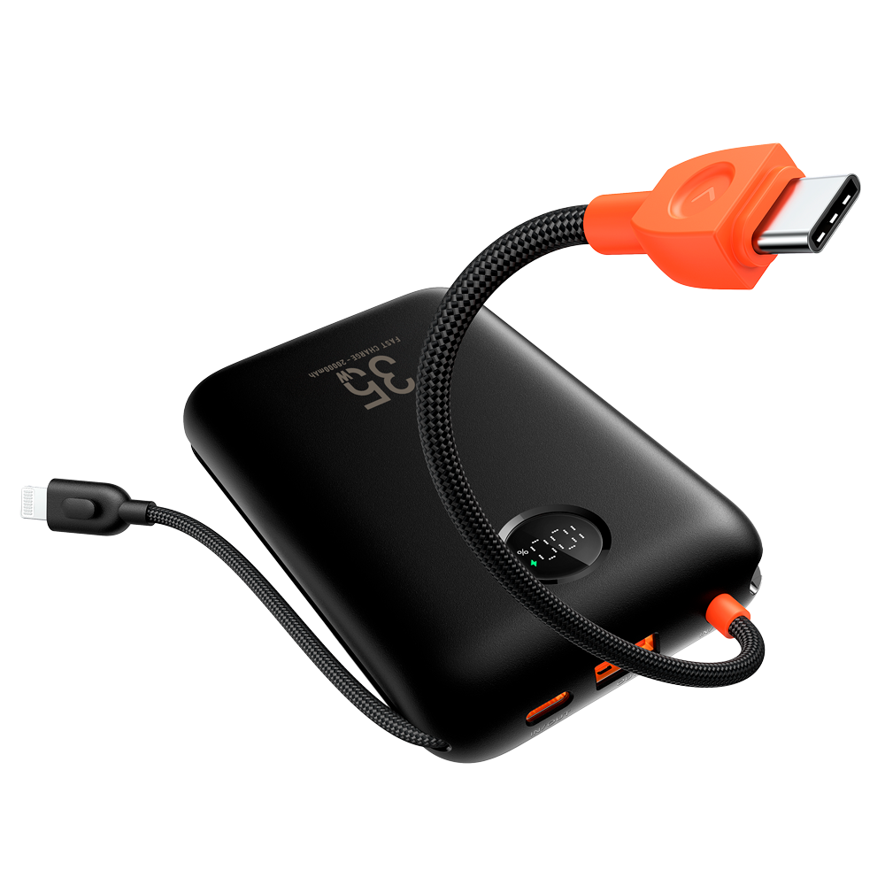 VEGER Power bank med LCD display - Kapacitet 20000mAh - USB-C indgange, USB-C kabel - USB-C og USB-A udgange og integrerede kabler - Integrerede kabler: USB-C og Lightning - Ultrahurig opladning | 4 enheder samtidigt