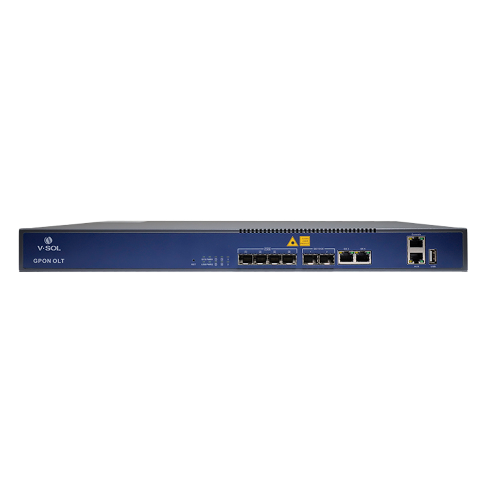 V-SOL 4 Pon GPON OLT Porte - 2 Porte RJ45 10/100/1000 Mbps + SFP+ Port 1/10Gigabit [%VAR%] - Op til 128 ONT per enhed - Transmissionsafstand op til 20 km - Routing Layer 3 (NAT,DMZ,ACL,PPPOE,DHCP) - Switching Layer 2 (VLANs, MULTICAST, STP)