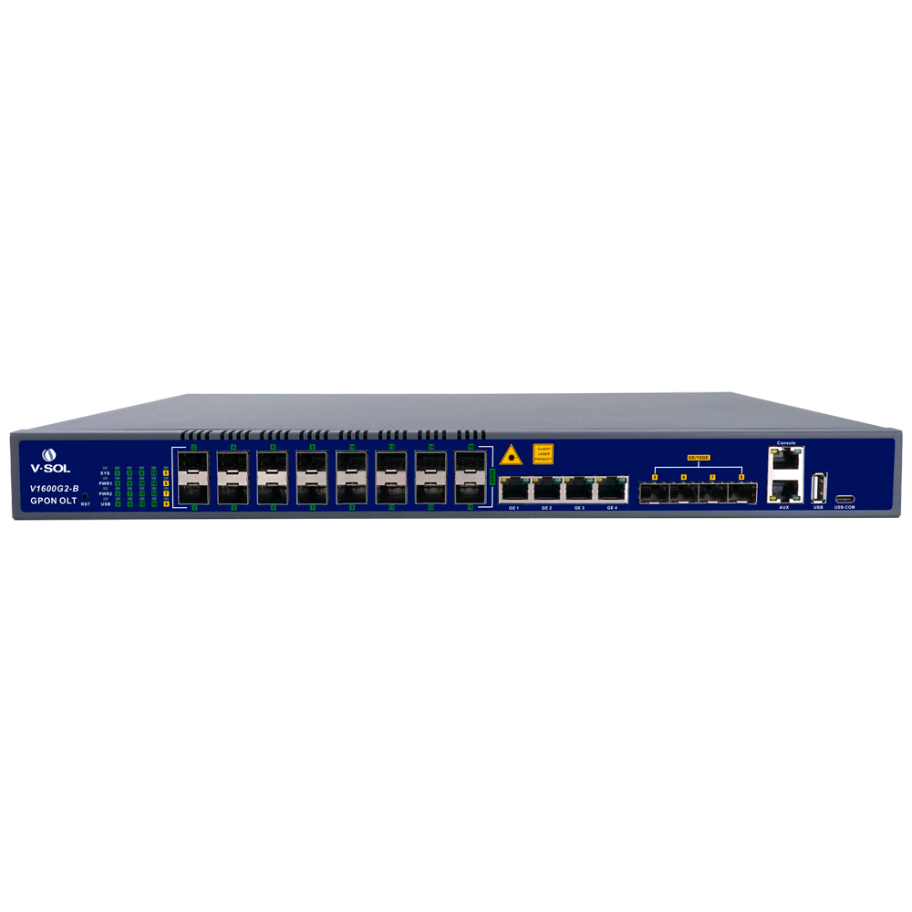 V-SOL 16 Pon GPON OLT Porte - 4 Porte RJ45 GE + 4 SFP+ (1GE/10GE) Porte - Op til 128 ONT per enhed - Transmissionsafstand op til 20 km - Routing Layer 3 (NAT,DMZ,ACL,PPPOE,DHCP) - Switching Layer 2 (VLANs, MULTICAST, STP)