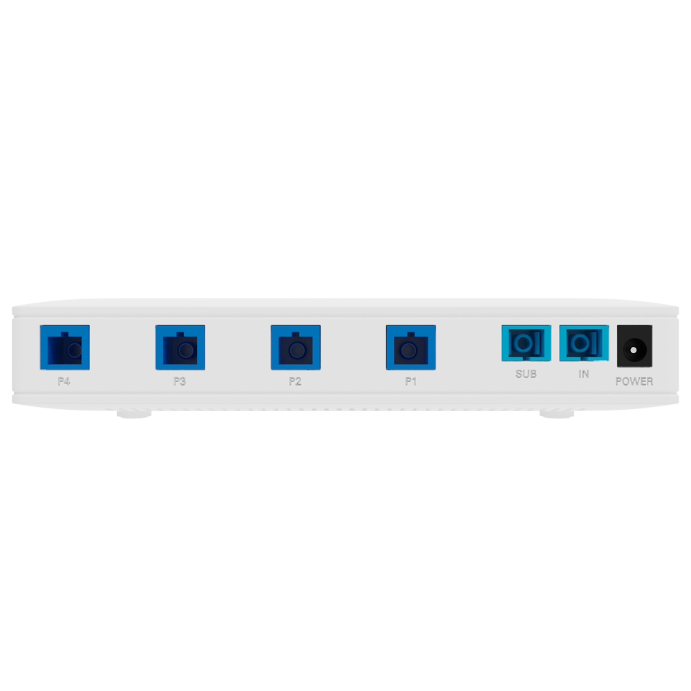 V-Sol Fiberoptisk splitter med strømforsyning - Bølgelængde 1260 nm til 1650nm - Standard PON (kompatibilitet med andre mærker) - 2 x SC uplink stik - 4 stik til ONU's SC PON (POF) - Bordplade og væg-monteret installation