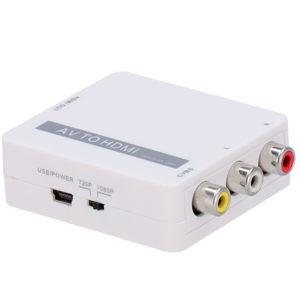AV til HDMI konverter - 1 AV indgang - 1 HDMI udgang - Udgangsopløsning 1080p - Video indgangsopløsning PAL/NTSC - Stereo audio indgang