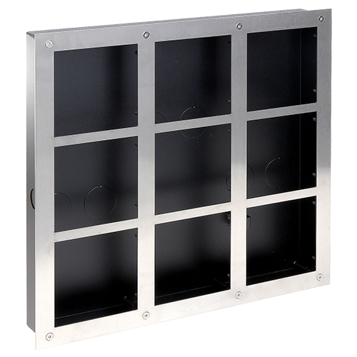 Frontpanel og monteringsboks - Video intercom specifik - Kompatibel med XS-V2000E-M(X) moduler - Op til 9 moduler - Boks lavet af stål - Panel lavet af rustfrit stål