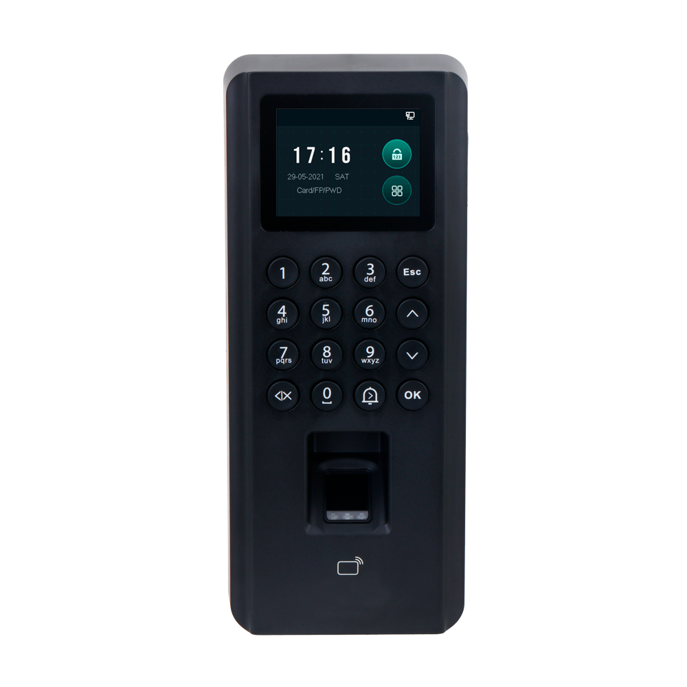 Adgangskontrol og Tid & Fremmøde - Fingeraftryk, MF kort og PIN - 30.000 brugere | 100.000 records - TCP/IP, WiFi, USB, OSDP og Wiegand - Integreret controller (sensor, trykknap og relæ) - Software SmartPSS | Output 12V og PoE
