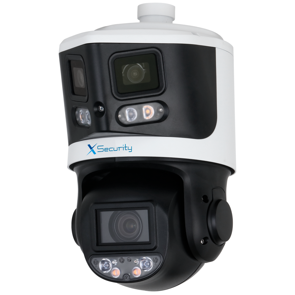 X-Security IP tandem serie ULTRA - Dobbelt linse (Panoramisk 8Mpx + PTZ 4Mpx) - PTZ linse 4~40 mm | 10X | PoE+ - Panoramisk linse 2.8 mm | Dual Light 70 m - AutoTracking | Alarmer | Lyd | MicroSD | IP66 - IVS | SMD 4.0 | Smartlight | Ansigtsgenkendelse