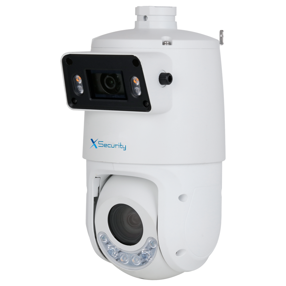 X-Security IP tandem range ULTRA - Dual Lens (Panoramisk 2Mpx + PTZ 4Mpx) - PTZ linse 5~125 mm | 25X | PoE+ - Panoramisk linse 2.8 mm | Dual Light 100 m - AutoTracking | Alarmer | Lyd | MicroSD | IP66 - IVS | SMD 4.0 | Smartlight