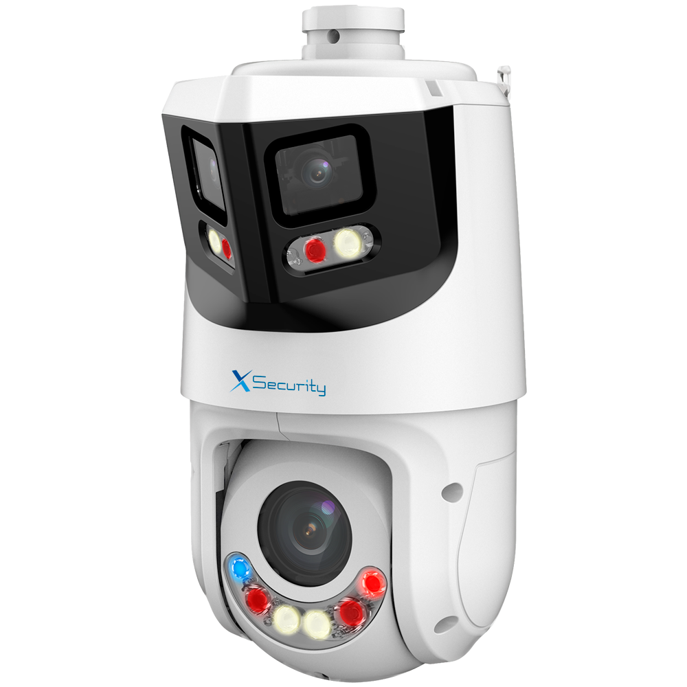 X-Security IP tandem range ULTRA - Dual Lens (Panoramisk 8Mpx + PTZ 4Mpx) - PTZ linse 5~125 mm | 25X | PoE+ - Panoramisk linse 2.8 mm | Dual Light 100 m - AutoTracking | Alarmer | Lyd | MicroSD | IP66 - IVS | SMD 4.0 | Smartlight | Afskrækkende alarm