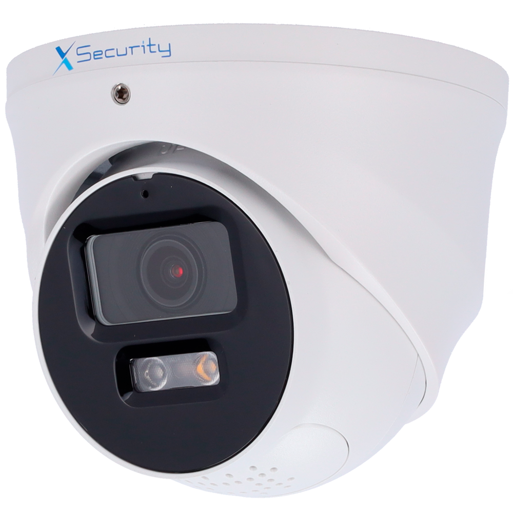 X-Security IP Turret Kamera - 4 Megapixel (2688x1520) - Linse 2.8mm / DualLight (30m IR+30m hvidt lys) - WDR 120 dB | Active Deterrence med højttaler og lys - WizSense, med menneske- og køretøjsklassificering - 256GB / IP67 MicroSD