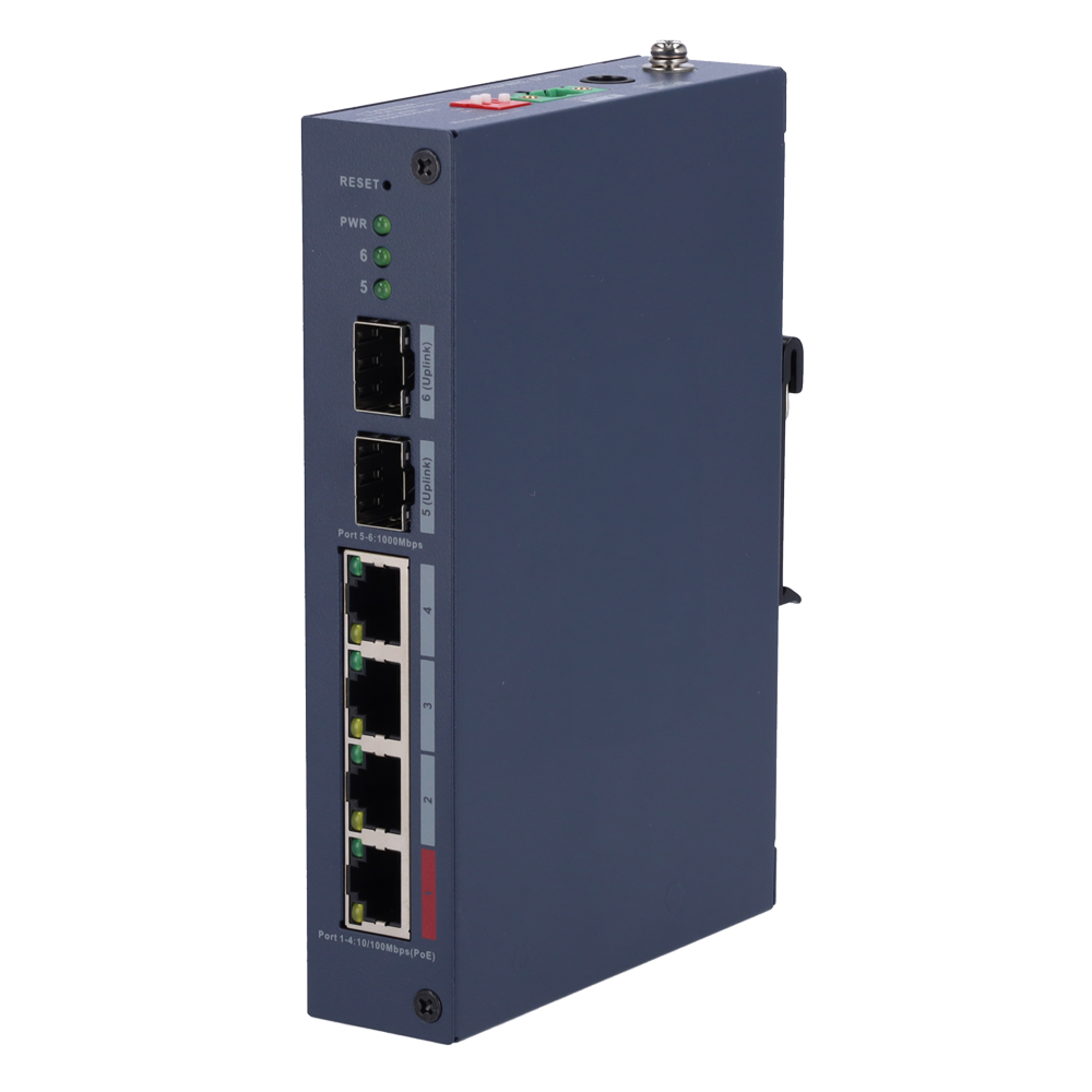 X-Security Administrerbar PoE Switch - 4 x FE PoE + 2 GE SFP - PoE 802.3af/at/bt / Maksimal 90W - Poe Extended, Poe Watchdog - VLAN/STP/RSTP/SNMP/Loop Detection - DIN-skinne montering
