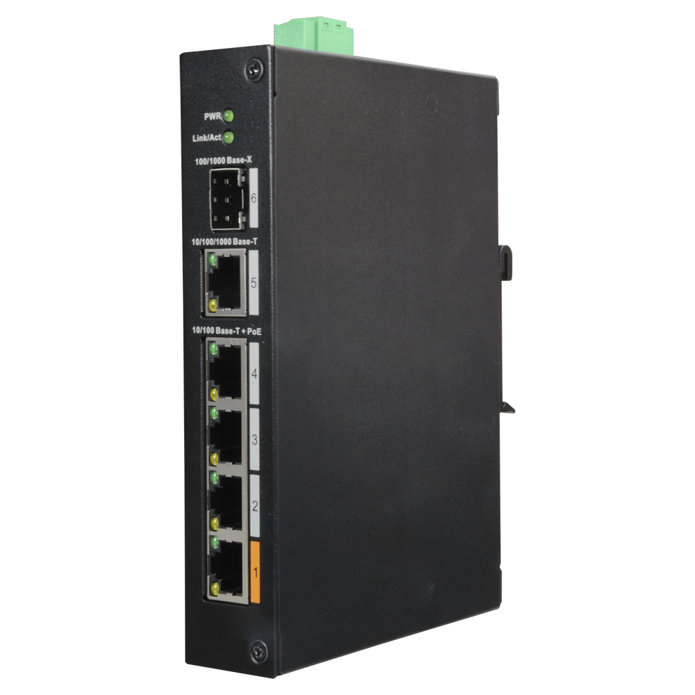 X-Security PoE Switch - 4 PoE porte +1 SFP +1 Uplink Gigabit - Hastighed 10/100/1000Mbps - Port 60W 1 / porte 30W 2-4 / maksimal 60W - Hi-PoE / IEEE802.3at (PoE+) / af (PoE) - DIN-skinne montering