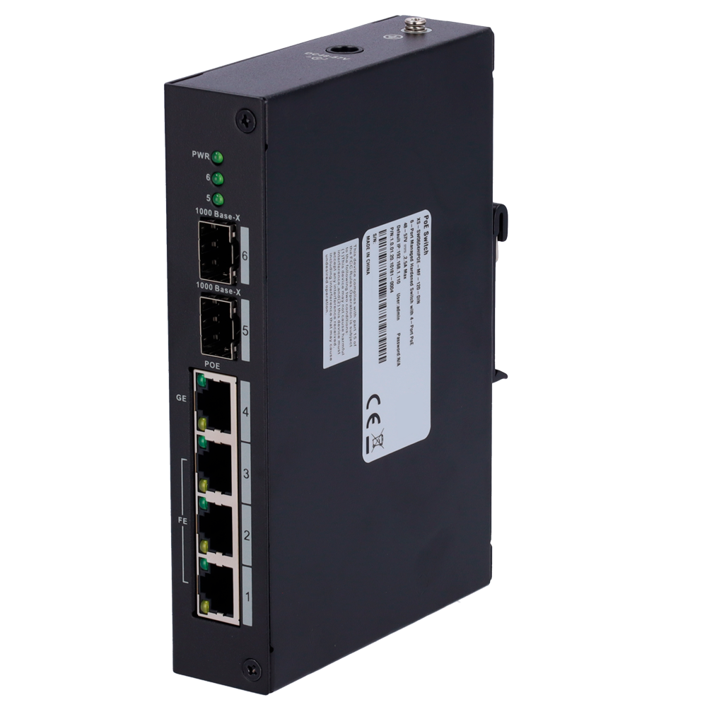 X-Security PoE Switch - 3 FE porte + 1GE + 2 GE SFP - 60W port 4 / 30W port 1-3/ Maksimal 120W - Hi-PoE / IEEE802.3at (PoE+) / af (PoE) - DIN-skinne montering - VLAN/STP/RSTP/SNMP/Loop Detection