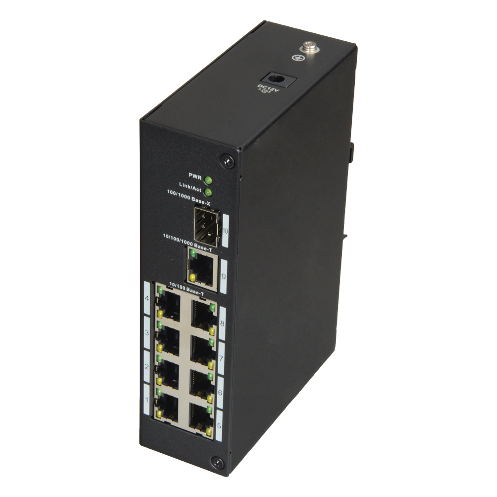 X-Security - Industriel Switch - 8 porte RJ45 + 1 Uplink GIGA + 1 SFP - Hastighed 10/100Mbps - Plug & Play - Energibesparende teknologi