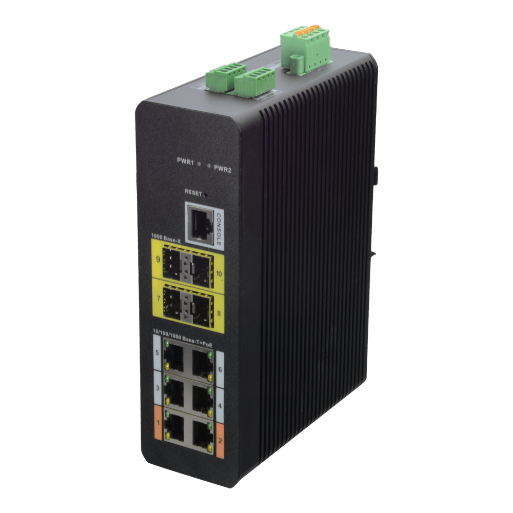 X-Security HiPoE Switch - 6 PoE porte (RJ45) + 4 Uplink port (SFP) - Hastighed 10/100/1000Mbps - 2 Hi-PoE porte / Maksimal forbrug 120W - VLAN/STP/RSTP/MSTP/ACL/QoS/802.1X - LACP/Static LAG/DHCP Snoop/DHCP Server