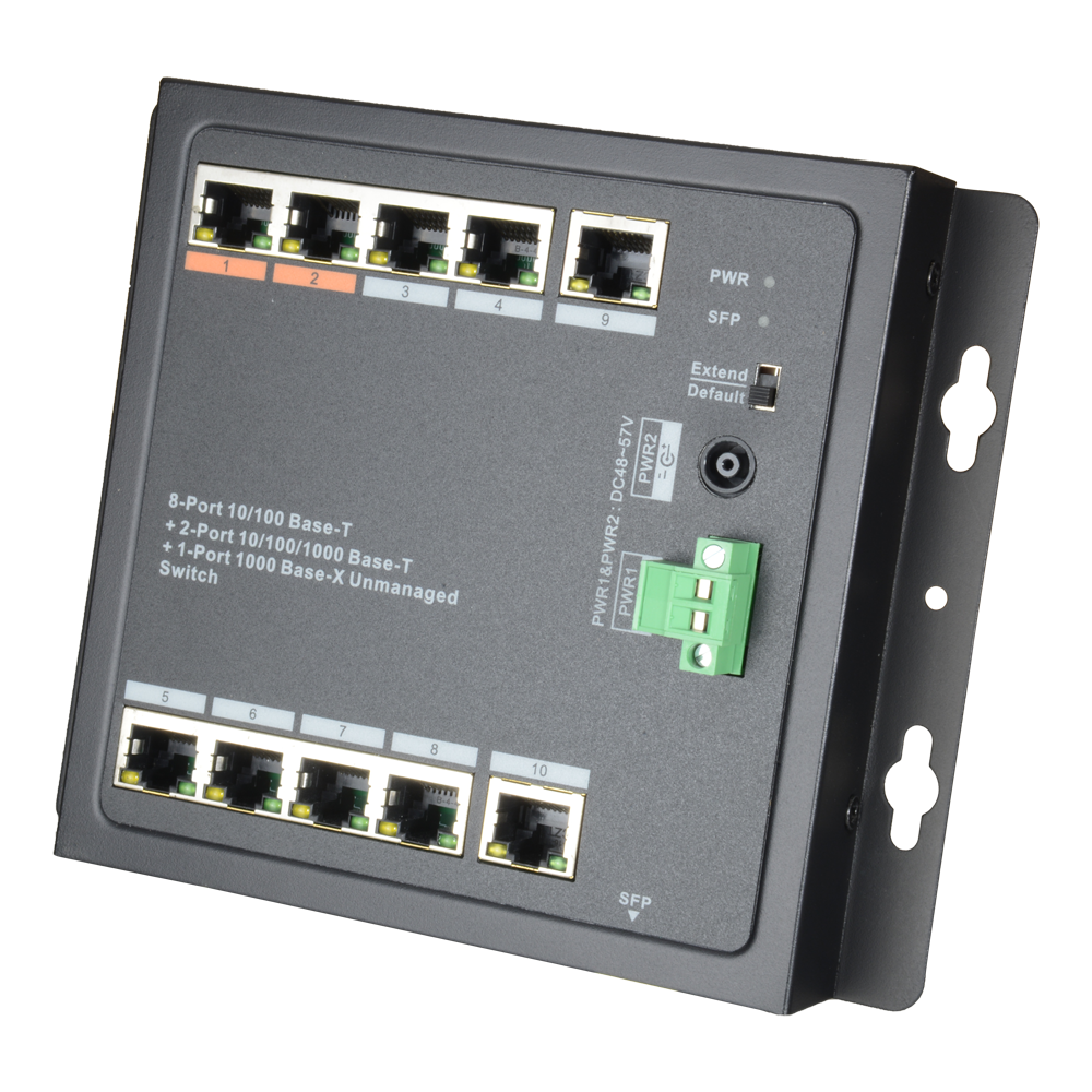 X-Security HiPoE Switch - 8 PoE porte + 2 Uplink (RJ45) + 1 Uplink (SFP) - 8x 10/100Mbps + 2x 10/100/1000Mbps + 1 SFP Giga - 2 Hi-PoE + Porte 6 PoE+ Porte - Maksimum forbrug 96 W - Væg installation