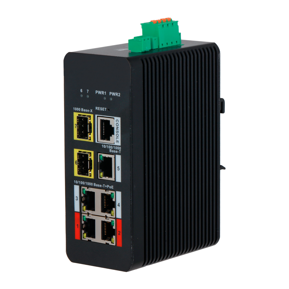 X-Security PoE Switch DIN Skinne - 4 PoE porte RJ45 + 1 RJ45 port + 2 SFP - Hastighed 10/100/1000Mbps - 90W porte 1-2 / 30W porte 3-4 / Maksimum 120W - PoE/PoE+/Hi-PoE / Op til 250m / PoE Watchdog - VLAN/STP/RSTP/ERPS/LACP/StaticLAG/IGMP Snooping