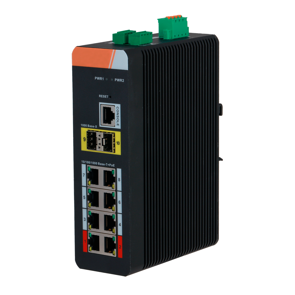 X-Security PoE Switch DIN Skinne - 8 PoE RJ45 + 2 SFP porte - Hastighed 10/100/1000Mbps - 90W porte 1-2 / 30W porte 3-8 / Maksimum 120W - PoE/PoE+/Hi-PoE / Op til 250m / PoE Watchdog - VLAN/STP/RSTP/ERPS/LACP/StaticLAG/IGMP Snooping