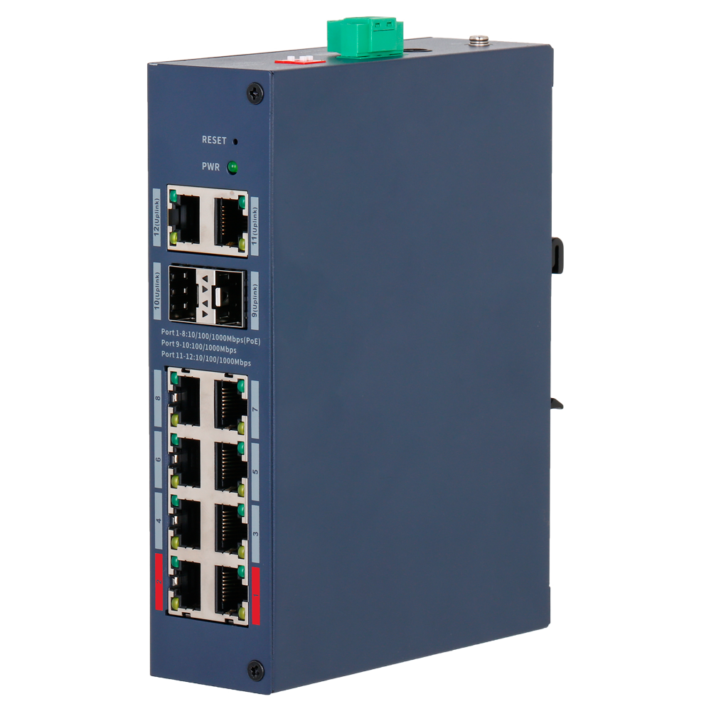 PoE Switch X-Security DIN Skinne - 8 PoE porte RJ45 + 2 RJ45 porte + 2 SFP - Hastighed 10/100/1000 Mbps - 90W porte 1-2 / 30W porte 3-8 / Maksimum 110W - PoE/PoE+/Hi-PoE / Op til 250m / PoE Watchdog - VLAN/STP/RSTP/StaticLAG