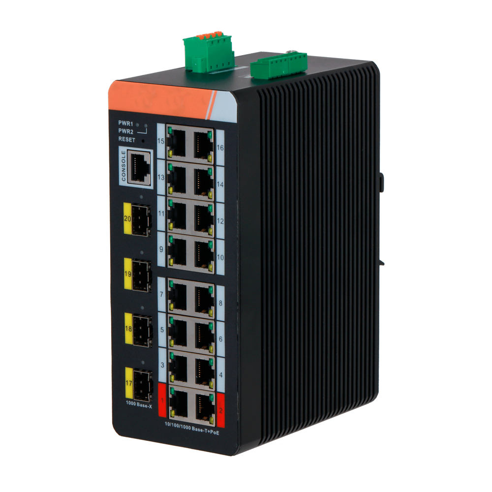 X-Security PoE Switch DIN Skinne - 16 PoE RJ45 + 4 SFP porte - Hastighed 10/100/1000Mbps - 90W porte 1-2 / 30W porte 3-8 / Maksimum 240W - PoE/PoE+/Hi-PoE / Op til 250m / PoE Watchdog - VLAN/STP/RSTP/ERPS/LACP/StaticLAG/IGMP Snooping