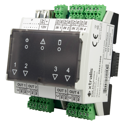 XTRALIS Ethernet PoE I/O Modul - 4 potentialfrie kontaktindgange - 4 relæudgange - 3 LED indikatorer - DIN skinne montering - Understøtter slavemoduler