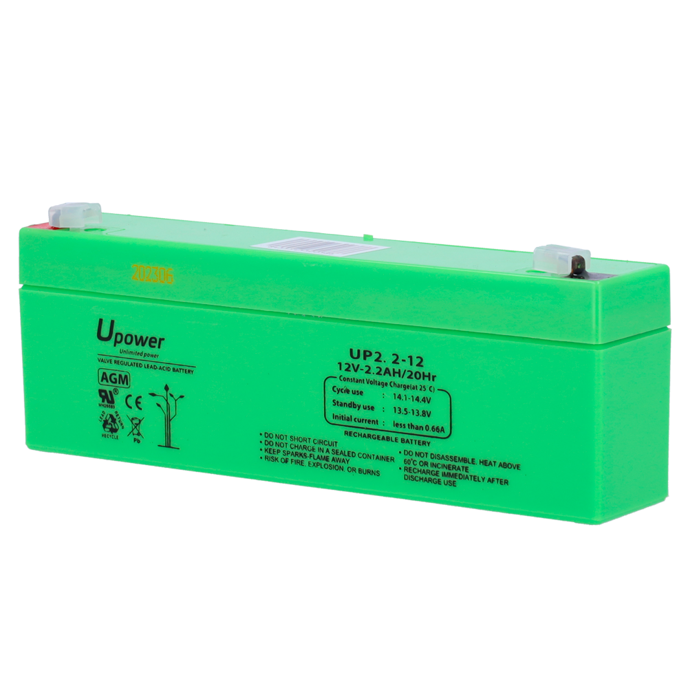 Upower - Genopladeligt batteri - AGM bly-syre teknologi - Spænding 12 V - Kapacitet 2.2 Ah - 66 x 178 x 35 mm / 960 g - Til backup eller direkte brug