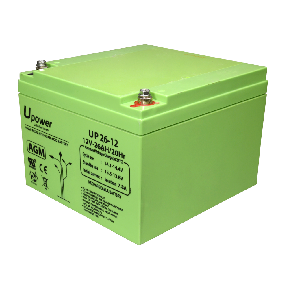 Genopladeligt batteri - AGM bly-syre teknologi - Spænding 12 V - Kapacitet 26 Ah - 182 x 166 x 126 mm / 8400 g - Til backup eller direkte brug
