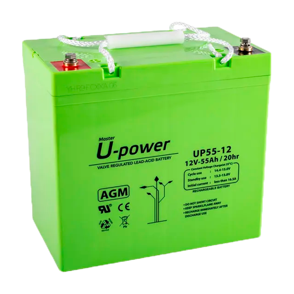Upower - Genopladelig batteri - AGM blysyre teknologi - Spænding 12 V - Kapacitet 55 Ah - 210 x 228 x 137 mm / 17700 g - Til backup eller direkte brug
