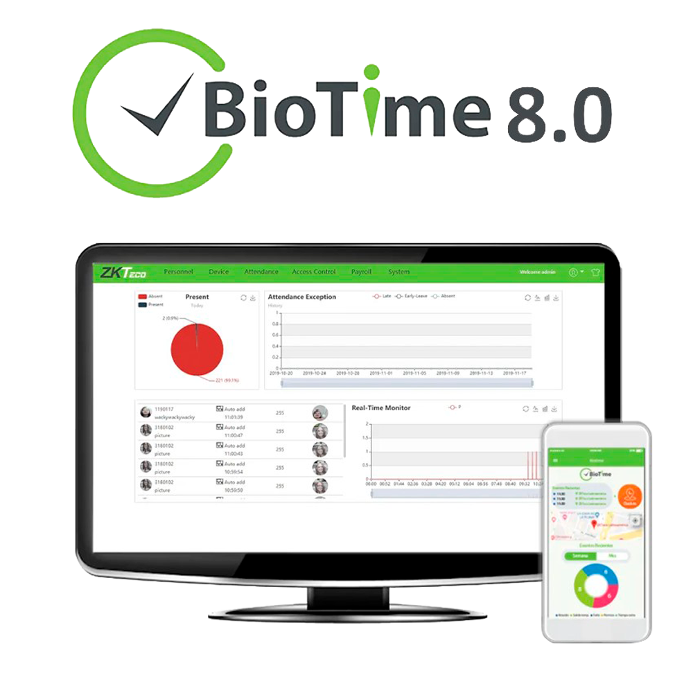 Time & Attendance software licens - 10 enheder / 500 brugere / 1 APP - Remote logging med ZK-BIOTIMEAPP-x - Grundlæggende rapporter - Engangsbetaling | Permanent licens - Software installeret på PC eller server
