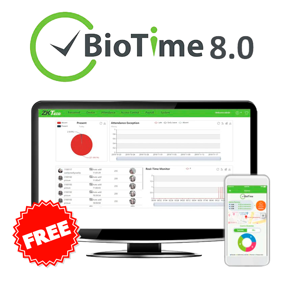 Time & Attendance software licens - 2 enheder / 100 brugere / 1 APP - Remote logging med ZK-BIOTIMEAPP-x - Grundlæggende rapporter - Engangsbetaling | Permanent licens - Software installeret på PC eller server