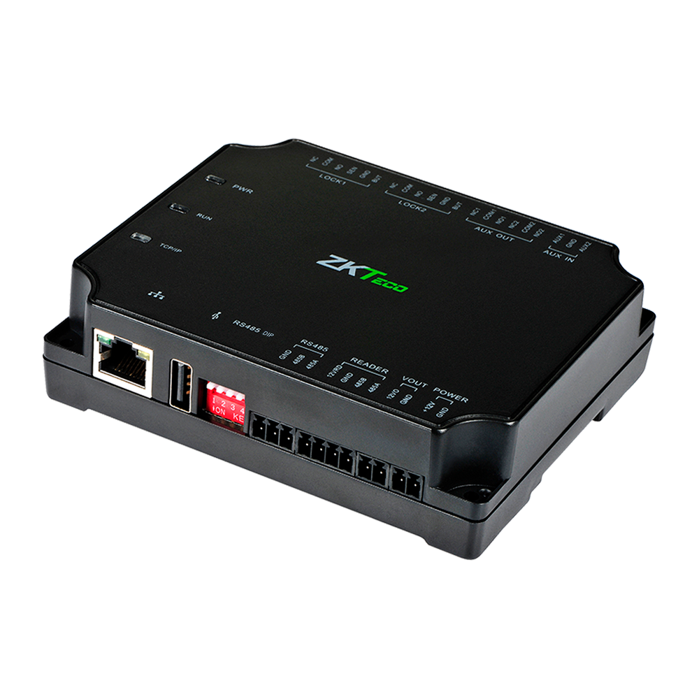Adgangscontroller - Kort, QR eller PIN - TCP/IP | RS485 til ZK-SRB-DM10 - 4 læsere via OSDP ZKTeco - Relæudgang til 2 døre - ZKBioCV